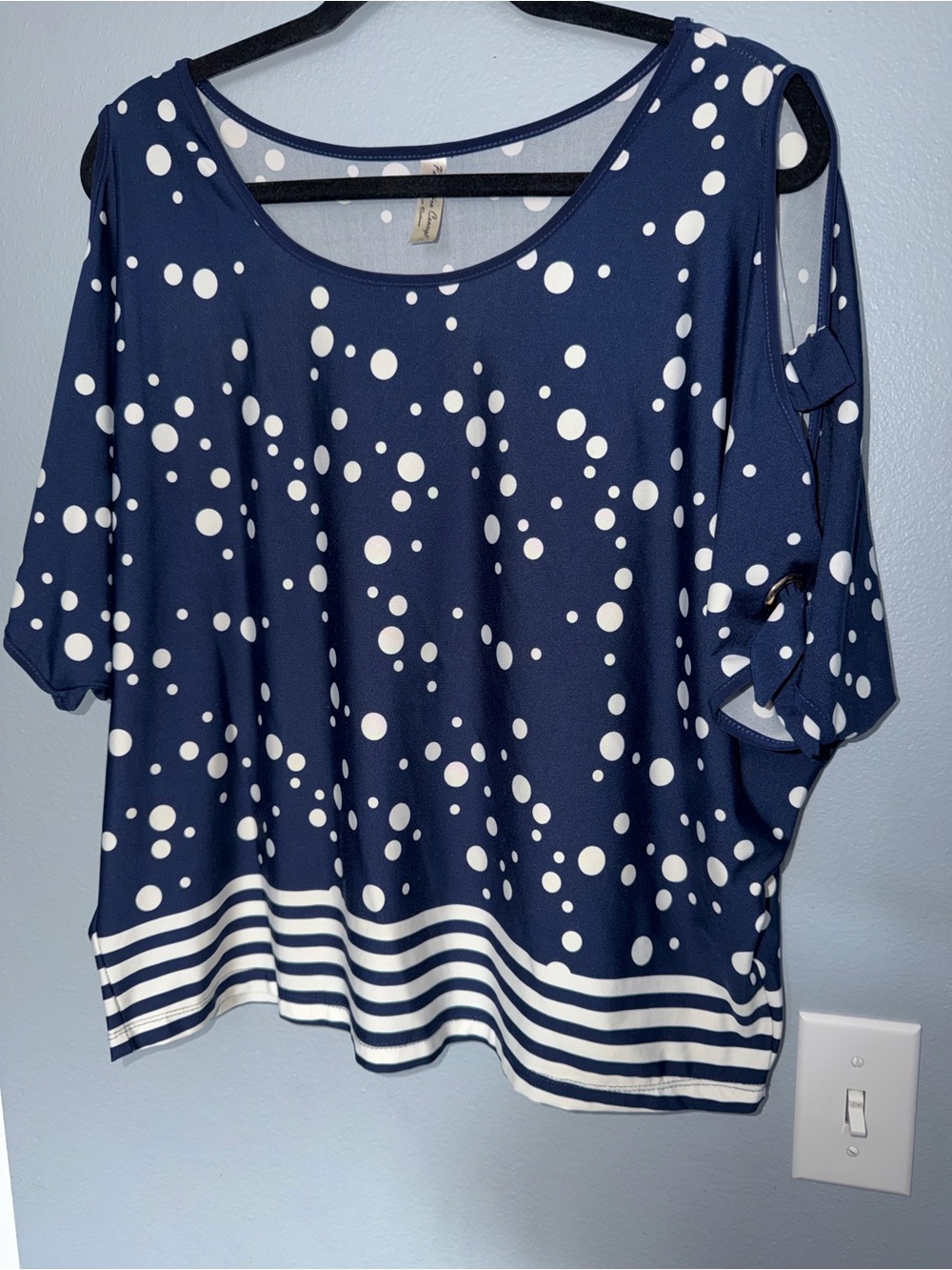 PerSeption Concept Navy and White Polka Dot Cold-Shoulder Top